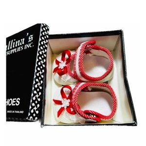 Tallinas Vintage Baby Doll Shoes White Snowflake Red Stripe In Original Box